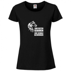 T Shirt - Damen - schwarz - Rundhals - zum Reiten geboren (weiss, Motiv 1)