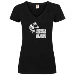 T Shirt - Damen - schwarz - V-Ausschnitt - zum Reiten geboren (weiss, Motiv 1)