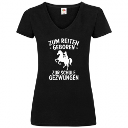 T Shirt - Damen - schwarz - V-Ausschnitt - zum Reiten geboren (weiss, Motiv 2)
