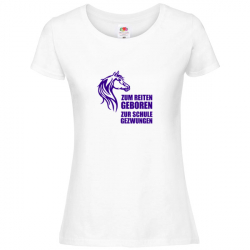 T Shirt - Damen - weiss - Rundhals - zum Reiten geboren (lila, Motiv 1)