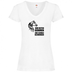 T Shirt - Damen - weiss - V-Ausschnitt - zum Reiten geboren (schwarz, Motiv 1)