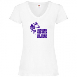 T Shirt - Damen - weiss - V-Ausschnitt - zum Reiten geboren (lila, Motiv 1)