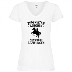 T Shirt - Damen - weiss - V-Ausschnitt - zum Reiten geboren (schwarz, Motiv 2)